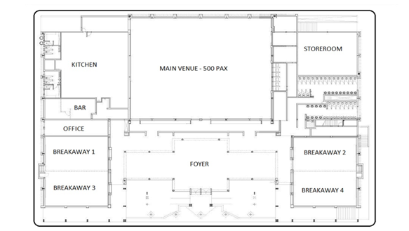 Floor plan of the Nombolo Mdhluli Conference Centre: the main venue for 500, four breakaway rooms, foyer, bar, kitchen and office.